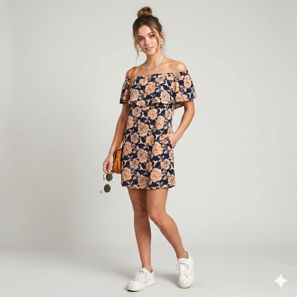 Jodifl Off Shoulder Mini Floral Dress Navy Blue Beige Ruffled Coquette Medium